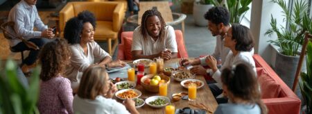 group of friends laughing and sharing a meal at a long table with plates of food and glasses of juice